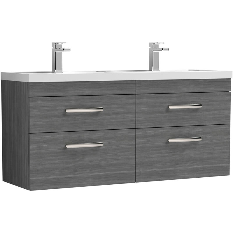 Nuie Athena Anthracite Woodgrain 1200mm Wall Hung 4 Drawer Vanity Unit with Double Basin - ATH046C