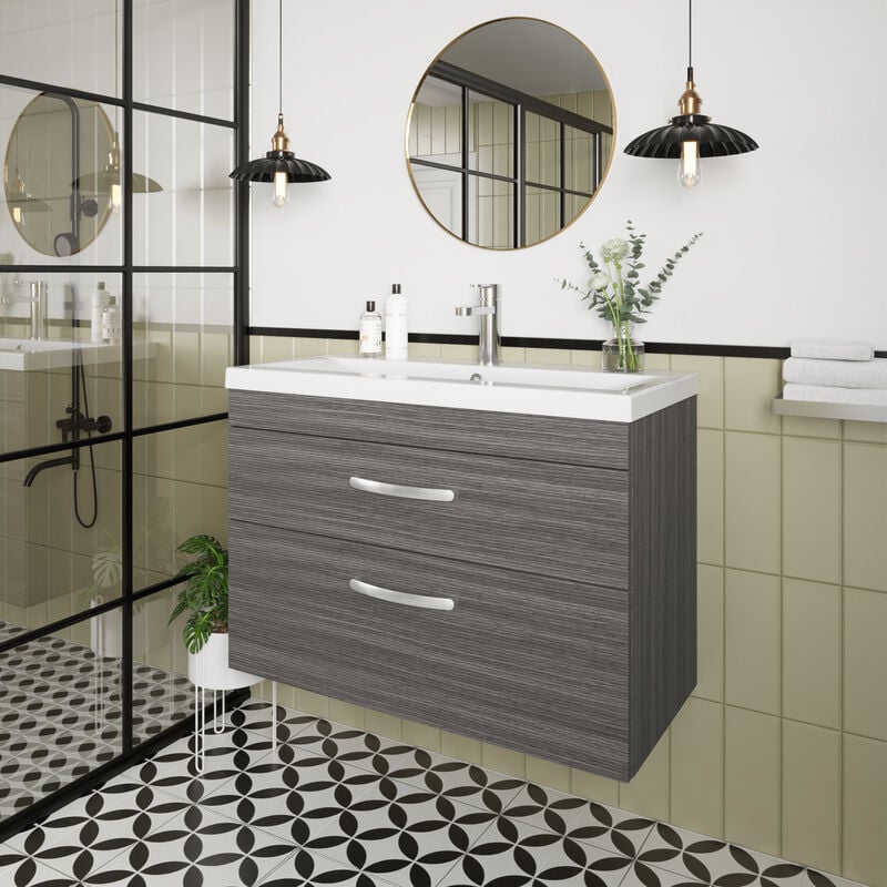 Athena Wall Hung 2-Drawer Vanity Unit with Basin-1 800mm Wide - Brown Grey Avola - Nuie