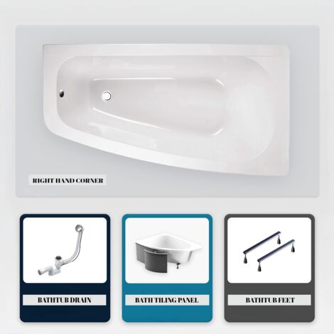 Vasca asimmetrica - 150 x 80 cm - Destra - con Rivestimento - Piedini - Scarico Cromato - LUNA