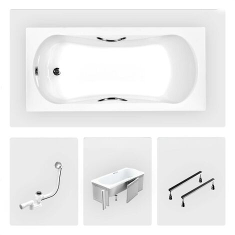 Vasca da bagno rettangolare - 130 x 70 cm - con rivestimento in polistirolo - piedini - maniglie - piletta cromata - ARIA PLUS