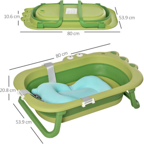 Vaschetta Bagnetto Pieghevole per Bambini 0-3 Anni con Cuscino Regolabile Azzurro e Piedini Antiscivolo, 80x53.9x20.8cm Verde