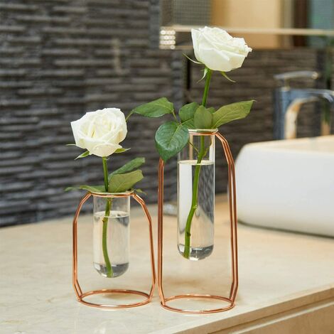 Vase À Fleur Lot de 2 Vase en Verre Transparent Cylindrique Vase Design Tube avec Support Métallique Idéal pour Fleurs, Plantes Terrariums, Décoration de Mariage - Or Rose
