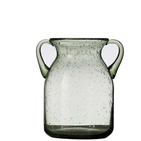 Vase à Fleurs Double Oreille Artisanale en Verre avec Bulles d'Air - Décoration d'Interieur Élégante, Gris, 10x16.5cm