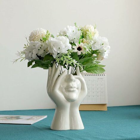 Vase à fleurs en céramique blanche - Design moderne en forme de visage humain - Décoration florale pour maison, bureau, fête de mariage - 18 cm