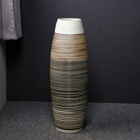 Vase à Poser Au Sol en Céramique à Rayures Marron et Noir, Vase à Fleurs Fait Main Décoratif Maison, Haut 50 cm