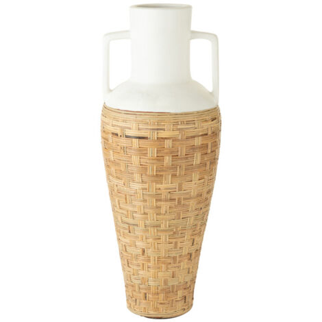 Vase Amphore avec Tissage Rotin "Bali" 100cm Blanc & Naturel