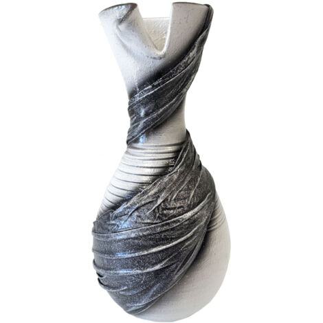 Vase artisanal drapé de tissus blanc et gris pailleté 30 cm