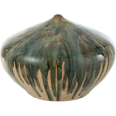 Vase bas en céramique peint vert naturel pièce artisanale élégante - Vert naturel et beige artisanal