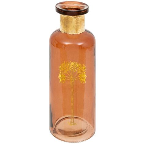 Vase bouteille en verre Ambre motif Palmier doré H 21.5 cm - Atmosphera