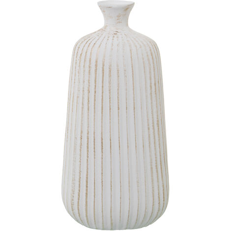Vase Bouteille Rainures 37 Cm Céramique Mat Blanc/Or 17X12X37 Cm