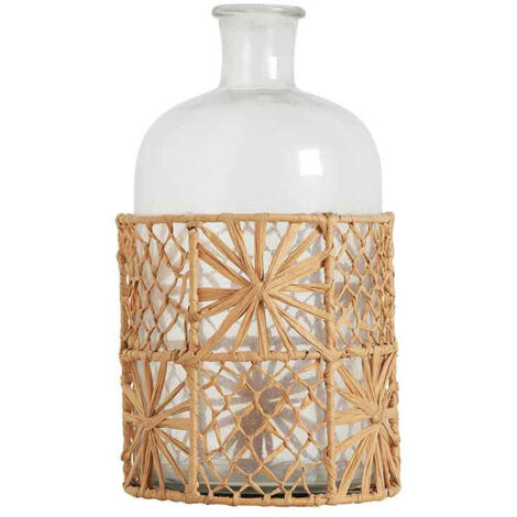 Vase bouteille soliflore verre raphia fleurs 13x26cm