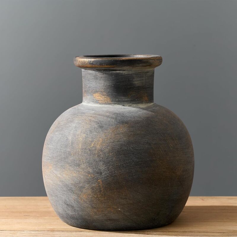 Vase céramique antique 15,2 cm en terre cuite bohème, finition bronze, décoration rustique intérieure