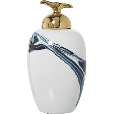 Vase céramique blanc bleu finition dorée élégante - Blanc pur avec nuances bleues et touches dorées