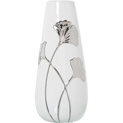 Vase Céramique Blanche/Fleur Argenté °16X35 Cm