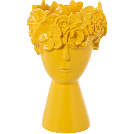 Vase Céramique Visage à Fleurs Jaune Mat °17X28 Cm Base:°11 Cm