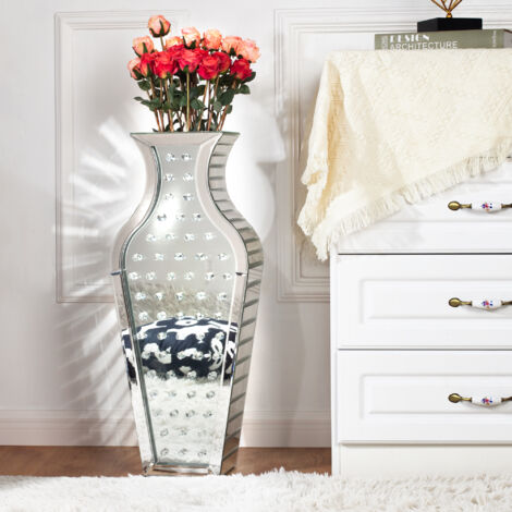 Vase de sol extra large en perles octogonales, miroir, décoration en cristal argenté, décoration de luxe pour la maison, 29x15x70cm