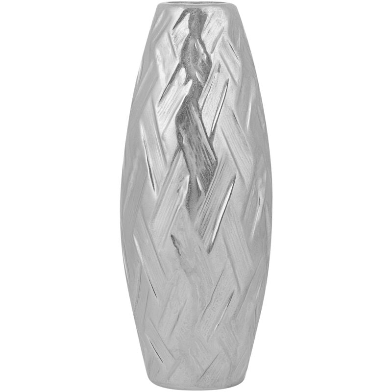 Beliani - Vase Décoratif de Forme Cylindrique Bombé fabriqué en Grès Argentée Motif à Chevron 33 cm de Hauteur au Style Moderne