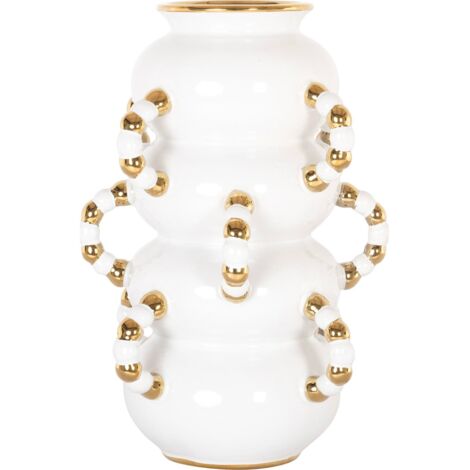Vase décoratif blanc mat design sculptural en grès élégant - Blanc mat avec détails dorés