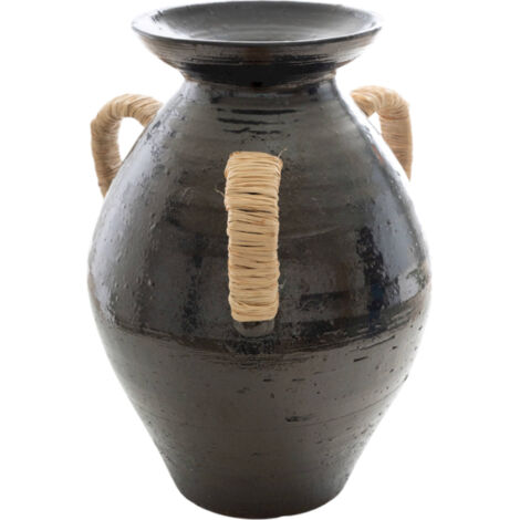 Vase décoratif céramique noir poignées corde artisanale - Noir avec poignées corde naturelle