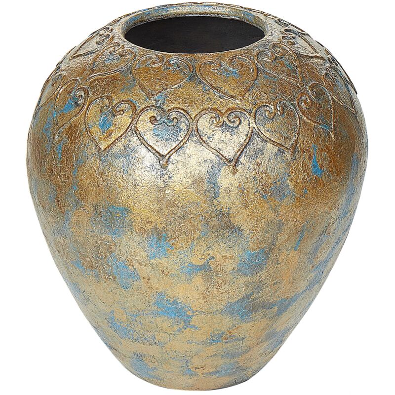 Beliani - Vase Décoratif Bleu et Doré en Terre Cuite de 30 cm Forme Ronde Style Antique Effet Vieilli