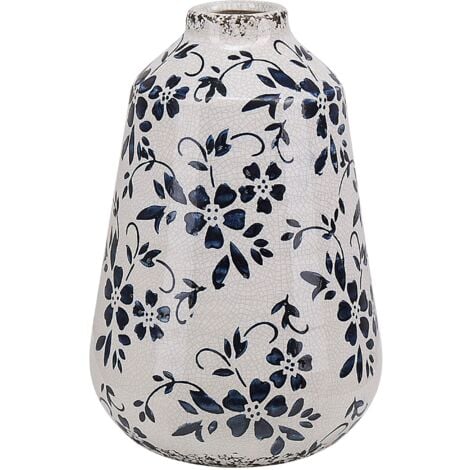 Vase Décoratif en Céramique Blanche et Bleu Marine 20 cm de Hauteur Motif Floral Accessoire Tendance pour Salon ou Chambre Beliani - Blanc