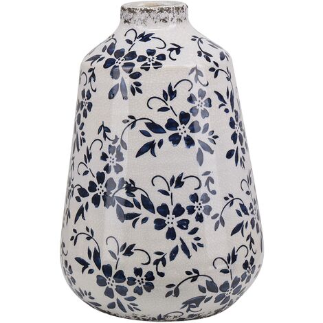 Vase Décoratif en Céramique Blanche et Bleu Marine 25 cm de Hauteur Motif Floral Accessoire Tendance pour Salon ou Chambre Beliani - Blanc