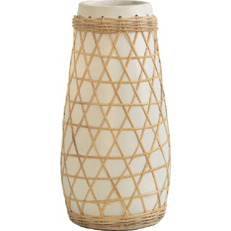 Vase décoratif en céramique blanche et rotin tressé - Blanc naturel et rotin clair