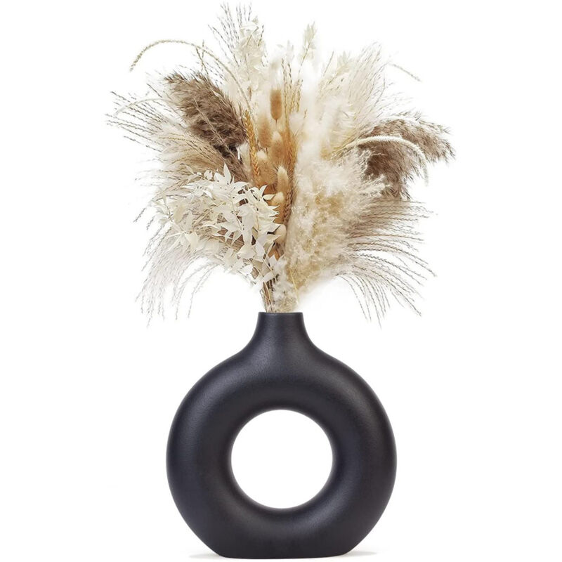 Sinbinta - Vase Decoratif en Ceramique, Noir Mat, Fleurs Séchées Fait à la Main, Forme Ronde d'art Moderne pour Décoration de la Maison, du Salon,