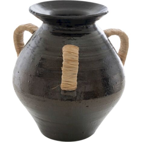 Vase décoratif en céramique noire avec poignées en corde - Noir profond et corde naturelle