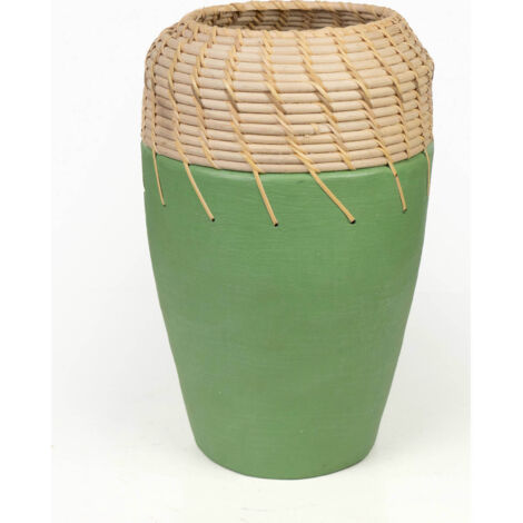 Vase décoratif en céramique vert et rotin naturel - vert naturel et rotin clair