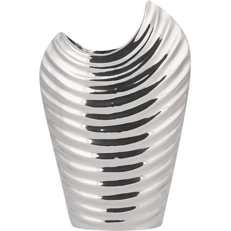 Vase Décoratif en Forme d'Élipse Cruche fabriqué en Grès Argentée Brillante 26 x 20 cm au Style Moderne et Glamour Beliani - Argenté