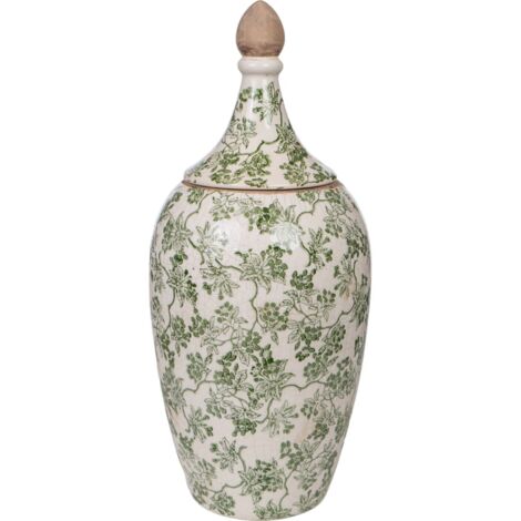 Vase décoratif en porcelaine beige vert style raffiné - Beige craquelé motif floral vert