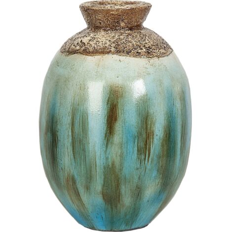 Vase décoratif en terre cuite bleu et marron pour intérieur élégant - Bleu patiné marron naturel