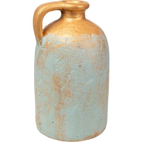 Vase décoratif en terre cuite bleu et or avec anse élégante - Bleu pastel et or patiné