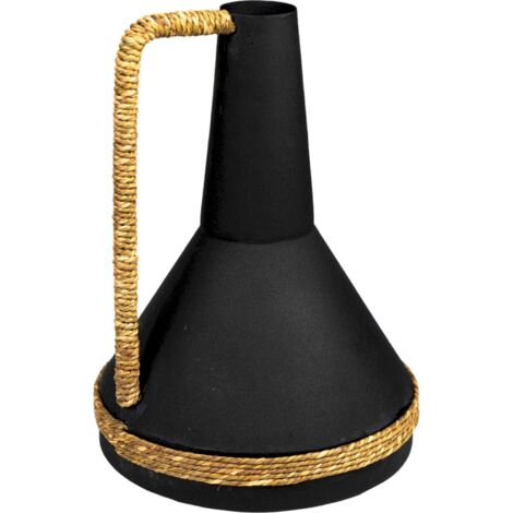 Vase décoratif métal noir avec anse en rotin élégant - noir mat et rotin naturel