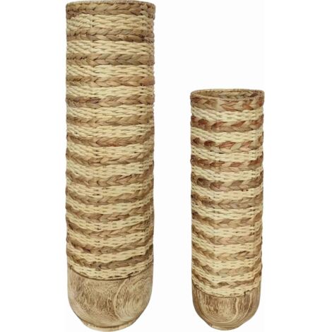 vase décoratif naturel en fibre tressée et bois élégant - naturel fibre végétale et bois clair