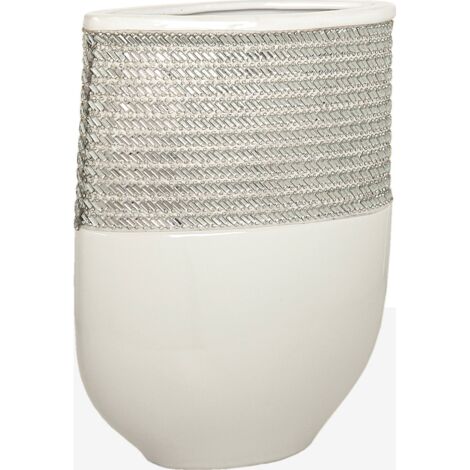 Vase décoratif ovale en céramique argent et blanc élégant - Blanc et argent élégant