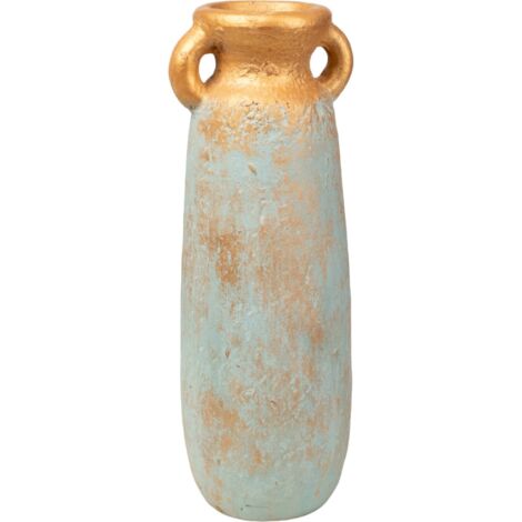Vase décoratif terracotta bleu or à deux anses élégant - Bleu pastel et or vieilli