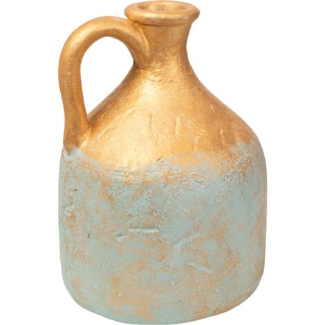 Vase décoratif terracotta bleu or avec anse style artisanal - Or bleu patiné artisanal
