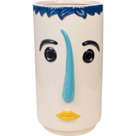 Vase décoratif visage céramique multicolore ambiance arty - Beige à détails bleu jaune noir