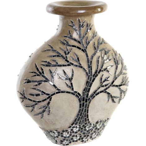 Vase design arbre en terre cuite pour déco intérieure - Beige avec motifs noirs