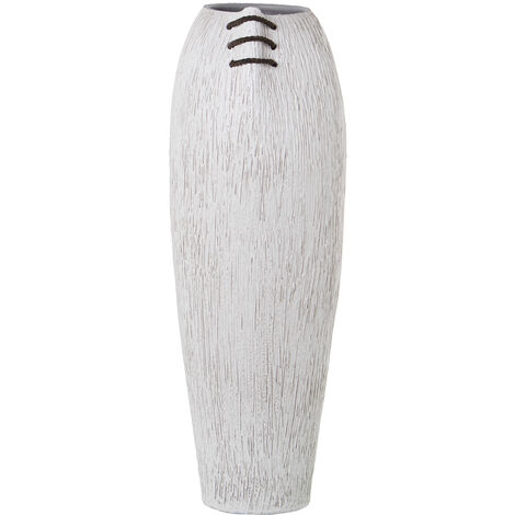 Vase en céramique 60 Cm rayé blanc C/cordon marron 20X24X60 Cm bouche: 11.5X13 Cm