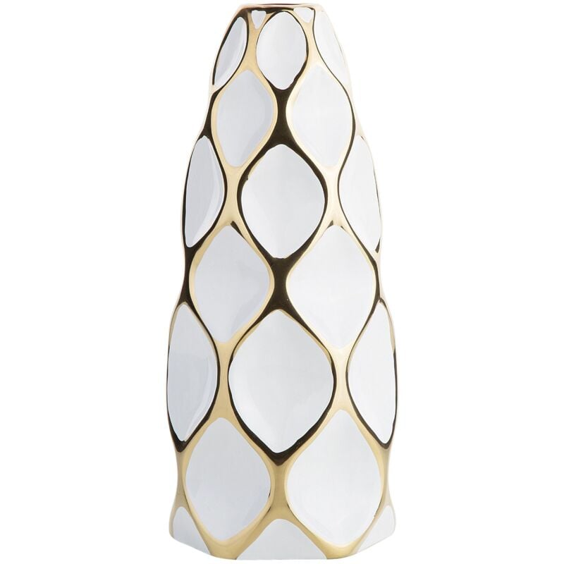 Beliani - Vase Décoratif de Forme Conique Torsadé fabriqué en Céramique Blanche avec Touche Doré de 36 cm de Hauteur au Style Contemporain
