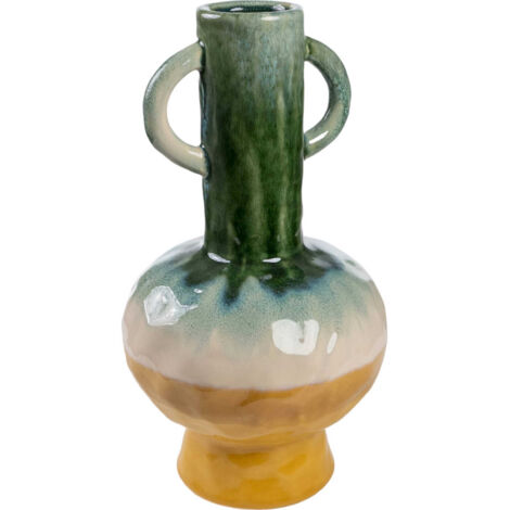 Vase en céramique multicolore avec poignées décoratives - Dégradé vert bleu jaune ocre