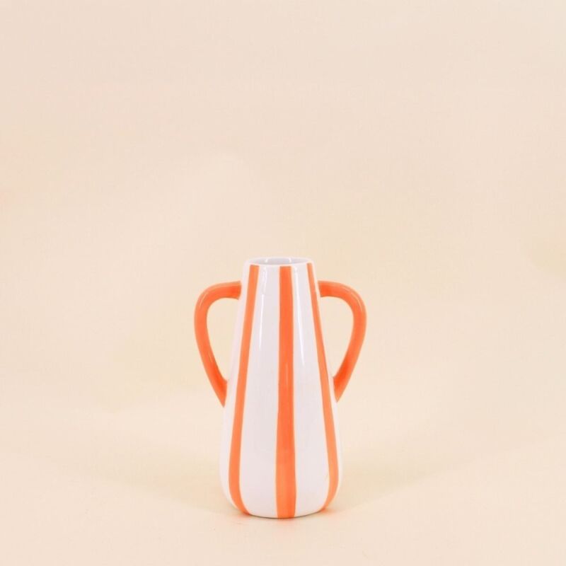 Vase en céramique rayé orange, blanc 2 anses 18cm Vase en céramique rayé orange, blanc 2 anses 18cm