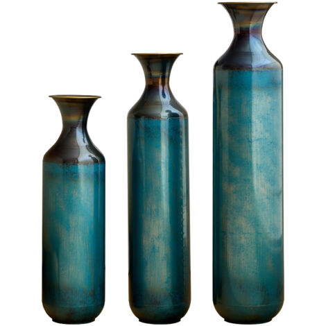 Vase en métal fait main, 3 tailles, effet patine bleu-vert, vase décoratif pour salon, couloir & jardin, vase métallique cuit à la main, non étanche
