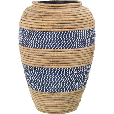 Vase en osier élégant pour touche naturelle déco - Osier beige tissé avec motifs bleus