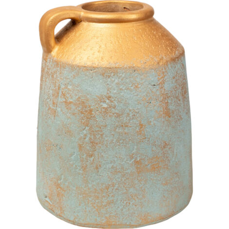 Vase en terre cuite bleu et or style artisanal élégant - Bleu patiné touches dorées