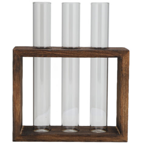 Vase en tube de verre borosilicate sur support bois pin - Décoration intérieure rétro pour plantes hydroponiques - Lot de 3