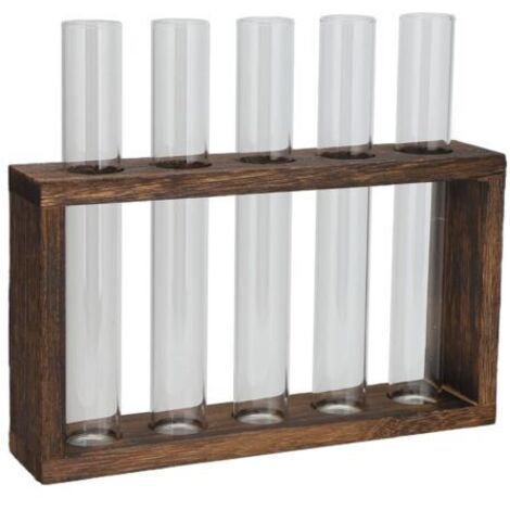 Vase en Tube de verre de table, cadre en bois de pin à haute teneur en Borosilicate, plante rétro pour plantes hydroponiques, décoration de la maison, 5 bouteilles